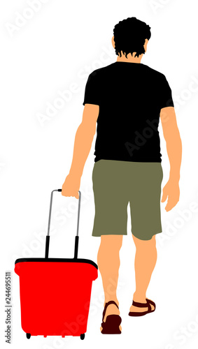 Man doing everyday grocery shopping with shopping basket at supermarket vector isolated on white. Male usual walk after work with consumer bag buy food and another goods in market. Boy purchase buying