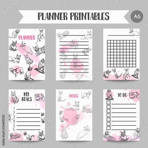 Printables with cat breeds. Organizer design for girls Notes for cat lovers Vector illustration Cute kitten sketch
