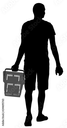 Man doing everyday grocery shopping with basket at supermarket vector silhouette isolated. Male usual walk after work with consumer bag buy food and another goods in market. Boy purchase buying.
