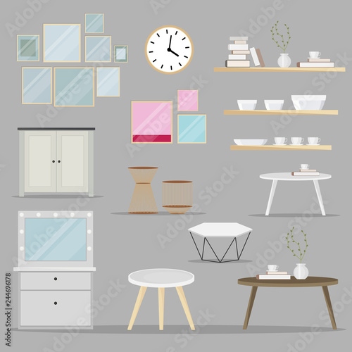 Set of interior elements. Collection of home accessories in flat cartoon style. Vector illustration