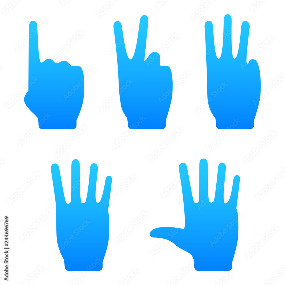 Fingers counting numbers one, two, three, four, five icons set, also peace sign and high five gradient flat vector Fingers counting numbers one, two, three, four, five icons set, also peace sign and high five gradient flat vector