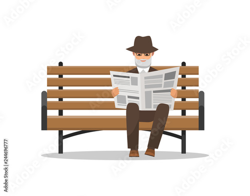 Old Man Reading Newspaper on Bench Isolated Vector