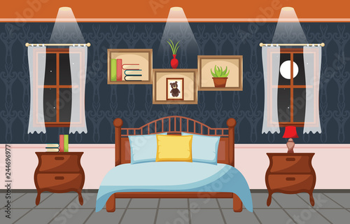Bedroom Interior Sleeping Room Flat Design Illustration