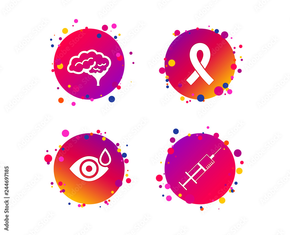 Medicine icons. Syringe, eye with drop, brain and ribbon signs. Breast cancer awareness symbol. Human smart mind. Gradient circle buttons with icons. Random dots design. Vector Medicine icons. Syringe, eye with drop, brain and ribbon signs. Breast cancer awareness symbol. Human smart mind. Gradient circle buttons with icons. Random dots design. Vector