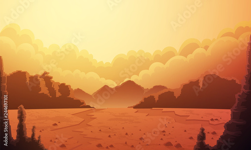 Landscape of vast desertic plain of planet mars. Orange sky with clouds, red rocks and mountains at horizon. Vector illustration.