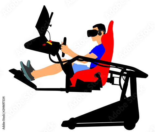 Gamer boy wearing virtual reality goggles playing console vector. Passionate gamer with controller. Digital headphones and 3d glasses vector. Modern cyber simulation, television online fun.