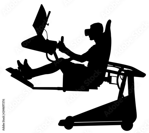 Gamer boy wearing virtual reality goggles playing console vector. Passionate gamer with controller. Digital headphones and 3d glasses vector silhouette. Modern cyber simulation, television online fun.