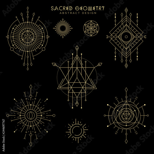 Vector sacred geometry illustration set . Mystical celestial symbols with eye, arrow, moon, sun, stars, triangles. Gold abstract compositions suitable for apparel, card, poster design.