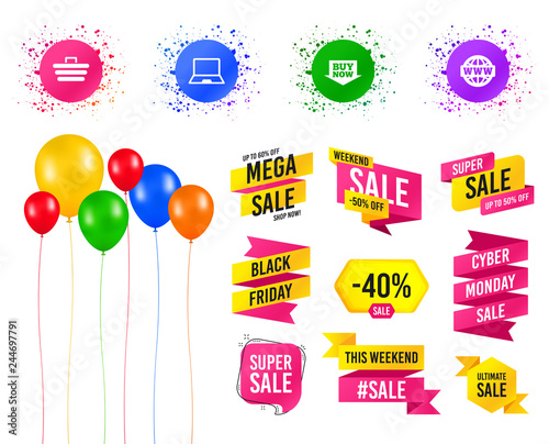 Balloons party. Sales banners. Online shopping icons. Notebook pc, shopping cart, buy now arrow and internet signs. WWW globe symbol. Birthday event. Trendy design. Vector