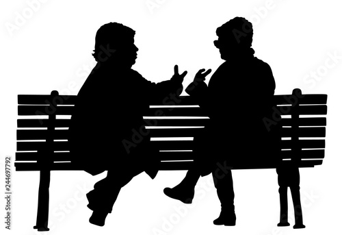 Women gossip at the break. Senior lady friends sitting on bench and talking in public park. Grandmothers spread rumors vector silhouette illustration. Backbite senior girls. Outdoor relaxation.