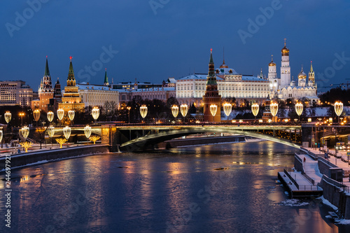 View of Moscow river and Kremlin embankment at the night from Patriarchal Bridge.