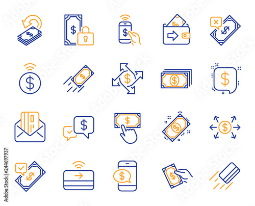 Payment wallet line icons. Set of Accept money transfer, Pay with Phone and Credit card by mail icons. Online payment, Dollar exchange and Fast money send. Private pay, Cash and Wallet. Vector