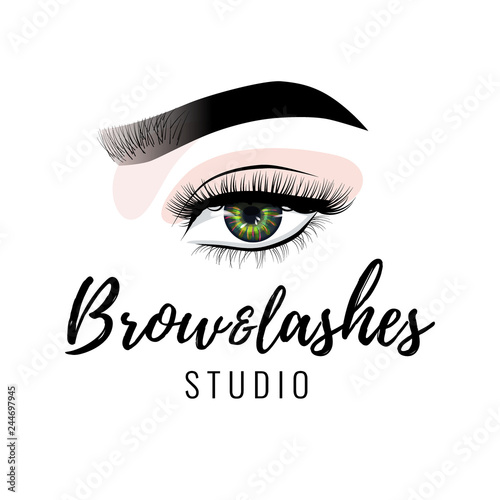 Eyebrow and eyelashes studio logo, beautiful perfect eye makeup design, long black lashes, vector illustration