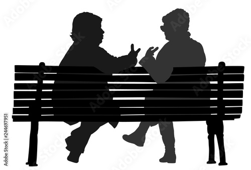 Women gossip at the break. Senior lady friends sitting on bench and talking in public park. Grandmothers spread rumors vector silhouette illustration. Backbite senior girls. Outdoor relaxation.