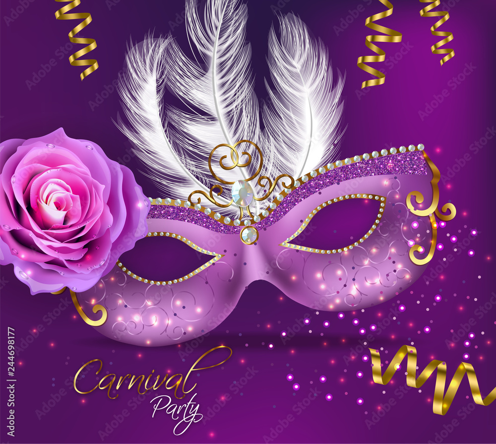 Purple ornamented mask card Vector realistic. Stylish Masquerade Party. Mardi Gras card invitation. Night Party Poster. Dance Flyer. Musical festival banner templates