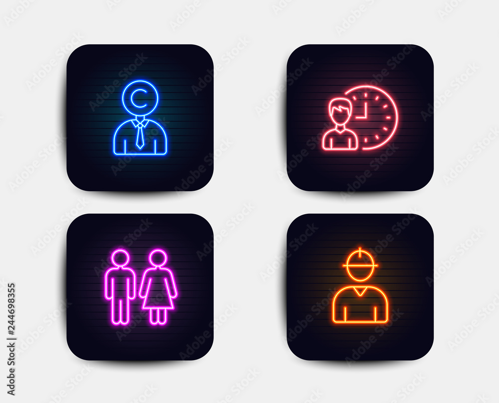 Neon glow lights. Set of Restroom, Working hours and Copyrighter icons. Engineer sign. Wc toilet, Project deadline, Writer person. Worker profile. Neon icons. Glowing light banners. Vector Neon glow lights. Set of Restroom, Working hours and Copyrighter icons. Engineer sign. Wc toilet, Project deadline, Writer person. Worker profile. Neon icons. Glowing light banners. Vector