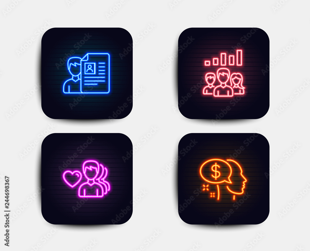 Neon glow lights. Set of Job interview, Teamwork results and Man love icons. Pay sign. Cv file, Group work, Romantic people. Beggar.  Neon icons. Glowing light banners. Vector