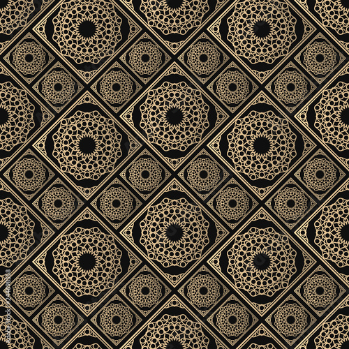 Islamic vector design. Seamless pattern oriental ornament. Black and golden textile print. Floral tiles.