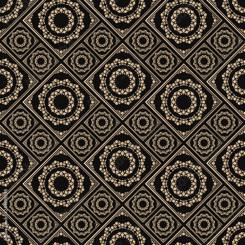 Islamic vector design. Seamless pattern oriental ornament. Black and golden textile print. Floral tiles.