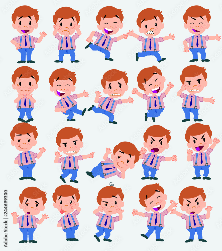 BusinessmCartoon character businessman in casual style. Set with different postures, attitudes and poses, doing different activities in isolated vector illustrations.an in casual style waving, happy.