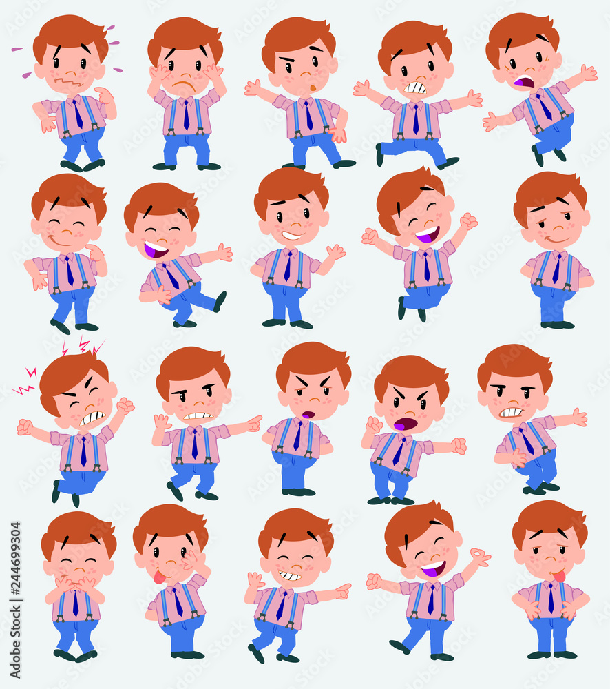 BusinessmCartoon character businessman in casual style. Set with different postures, attitudes and poses, doing different activities in isolated vector illustrations.an in casual style waving, happy.