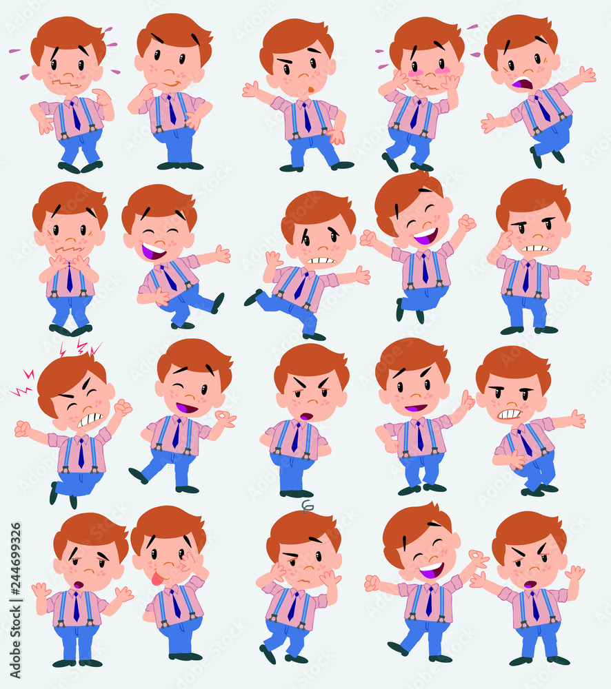 Cartoon character businessman in casual style. Set with different postures, attitudes and poses, doing different activities in isolated vector illustrations.