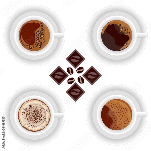  Coffee cups, chocolates. Espresso and cappuccino coffee