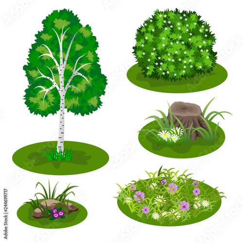 Garden landscape set for summer forest or garden design