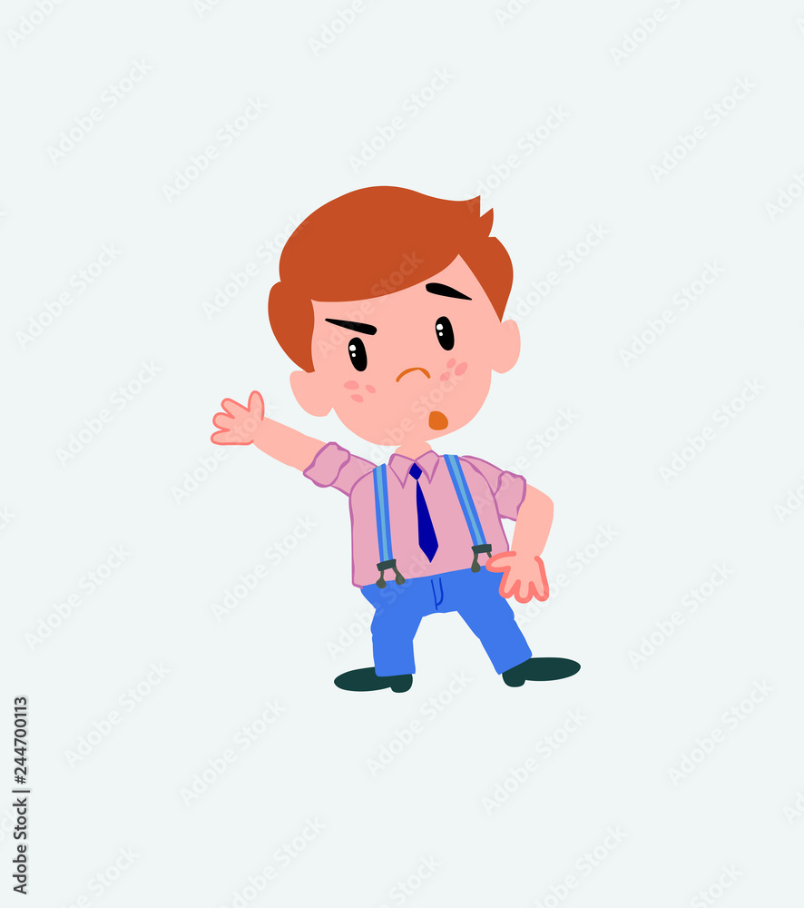 Businessman in casual style something angry shows something to his right. Businessman in casual style something angry shows something to his right.