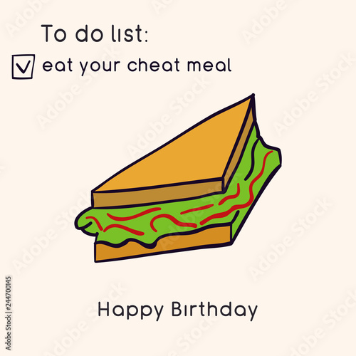 Doodle illustration of fast food. Junk food. Eat your cheat meal. Funny birthday card. Hand drawn vector illustration made in cartoon style.