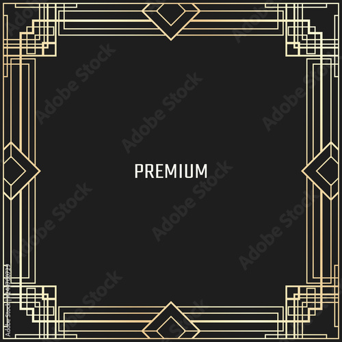 Vector geometric frame in Art Deco style. Square abstract element for design. Light golden lined shape. Sandblasting ornament.