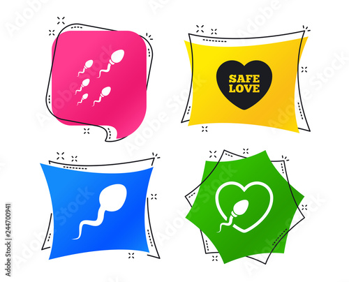 Sperm icons. Fertilization or insemination signs. Safe love heart symbol. Geometric colorful tags. Banners with flat icons. Trendy design. Vector