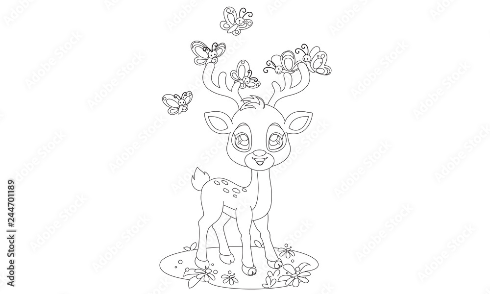 Wall murals Cute baby deer and butterflies outline drawing to color -  
