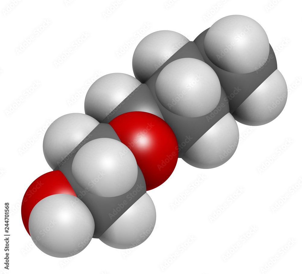 2-Butoxyethanol solvent and surfactant molecule. 3D rendering. Atoms are represented as spheres with conventional color coding: hydrogen (white), carbon (grey), oxygen (red). 2-Butoxyethanol solvent and surfactant molecule. 3D rendering. Atoms are represented as spheres with conventional color coding: hydrogen (white), carbon (grey), oxygen (red).