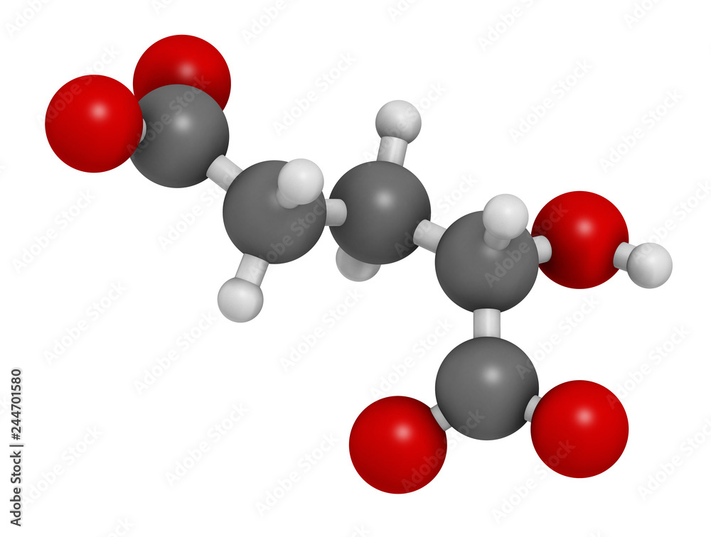 2-hydroxyglutarate molecule. 3D rendering. Atoms are represented as spheres with conventional color coding: hydrogen (white), carbon (grey), oxygen (red).