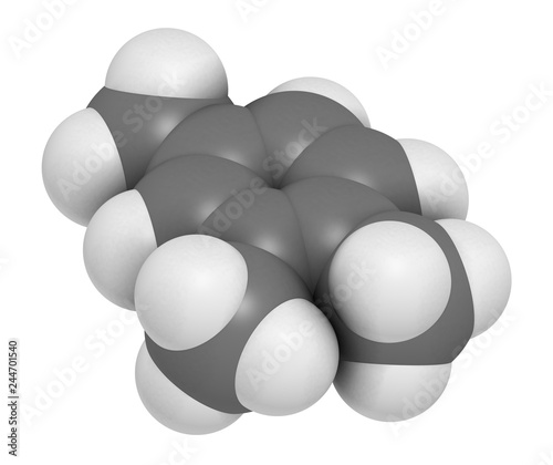 Pseudocumene (1,2,4-trimethylbenzene) aromatic hydrocarbon molecule. Occurs in naturally in coal tar and petroleum. 3D rendering. Atoms are represented as spheres with conventional color coding. photo