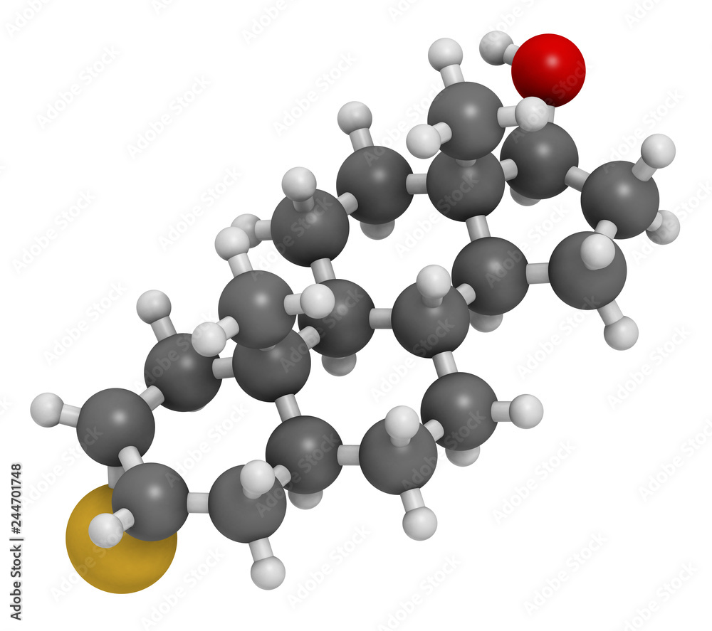 Epitiostanol (epithioandrostanol) cancer drug molecule. 3D rendering. Atoms are represented as spheres with conventional color coding: hydrogen (white), carbon (grey), oxygen (red), sulfur (yellow). Epitiostanol (epithioandrostanol) cancer drug molecule. 3D rendering. Atoms are represented as spheres with conventional color coding: hydrogen (white), carbon (grey), oxygen (red), sulfur (yellow).