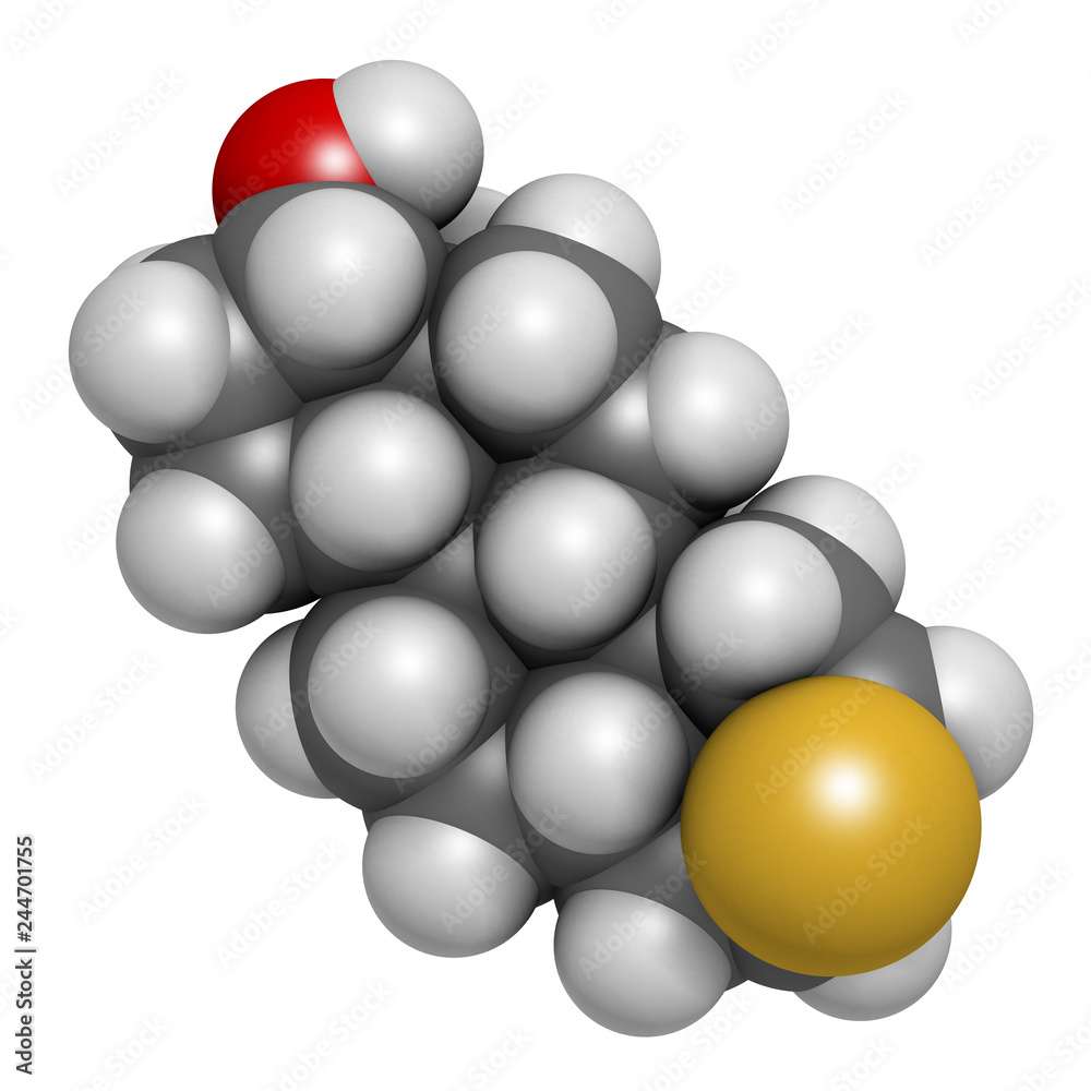Epitiostanol (epithioandrostanol) cancer drug molecule. 3D rendering. Atoms are represented as spheres with conventional color coding: hydrogen (white), carbon (grey), oxygen (red), sulfur (yellow). Epitiostanol (epithioandrostanol) cancer drug molecule. 3D rendering. Atoms are represented as spheres with conventional color coding: hydrogen (white), carbon (grey), oxygen (red), sulfur (yellow).