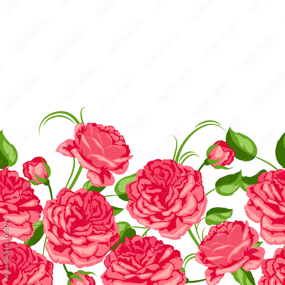 Seamless pattern with red roses. Beautiful decorative flowers.