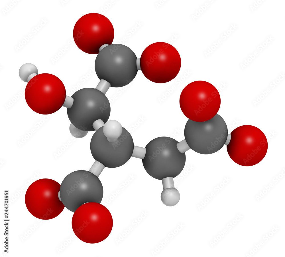 Isocitric acid molecule. 3D rendering. Atoms are represented as spheres with conventional color coding: hydrogen (white), carbon (grey), oxygen (red). Isocitric acid molecule. 3D rendering. Atoms are represented as spheres with conventional color coding: hydrogen (white), carbon (grey), oxygen (red).