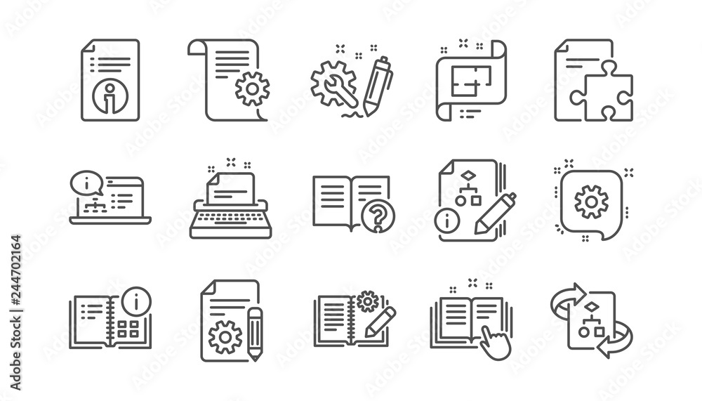 Technical documentation line icons. Instruction, Plan and Manual. Algorithm linear icon set. Vector Technical documentation line icons. Instruction, Plan and Manual. Algorithm linear icon set. Vector