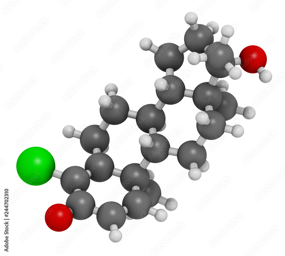 Chlorodehydromethyltestosterone (CDMT) androgenic and anabolic steroid molecule, used in sports doping. 3D rendering. Atoms are represented as spheres with conventional color coding. Chlorodehydromethyltestosterone (CDMT) androgenic and anabolic steroid molecule, used in sports doping. 3D rendering. Atoms are represented as spheres with conventional color coding.