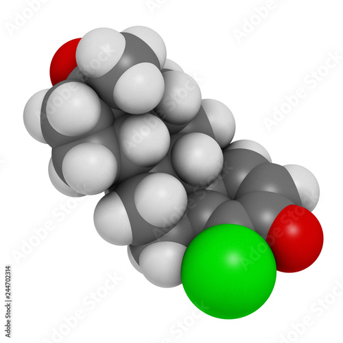 Chlorodehydromethyltestosterone (CDMT) androgenic and anabolic steroid molecule, used in sports doping. 3D rendering. Atoms are represented as spheres with conventional color coding. photo