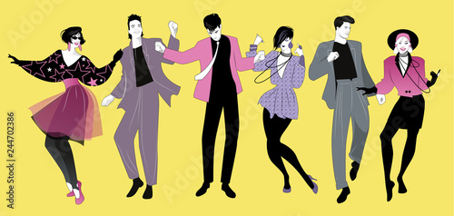 Young people dancing new wave music wearing clothes in the style of the 80s