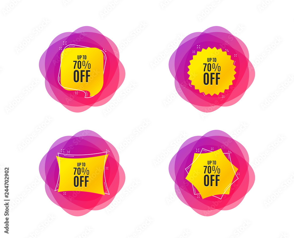 Up to 70% off Sale. Discount offer price sign. Special offer symbol. Save 70 percentages. Geometric gradient sales shapes. Creative banners. Template for design. Vector Up to 70% off Sale. Discount offer price sign. Special offer symbol. Save 70 percentages. Geometric gradient sales shapes. Creative banners. Template for design. Vector