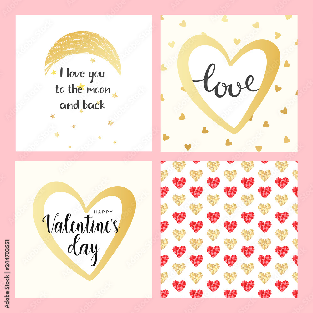 Set of vector gold greeting cards for Valentine's day. Romantic square cards with word love and hearts, stars. Vector illustration. Pattern of glitter red and gold hearts. February 14