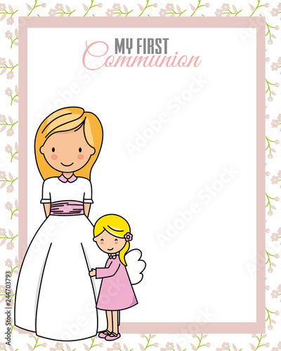 My first communion. Little girl with angel and blank space for text