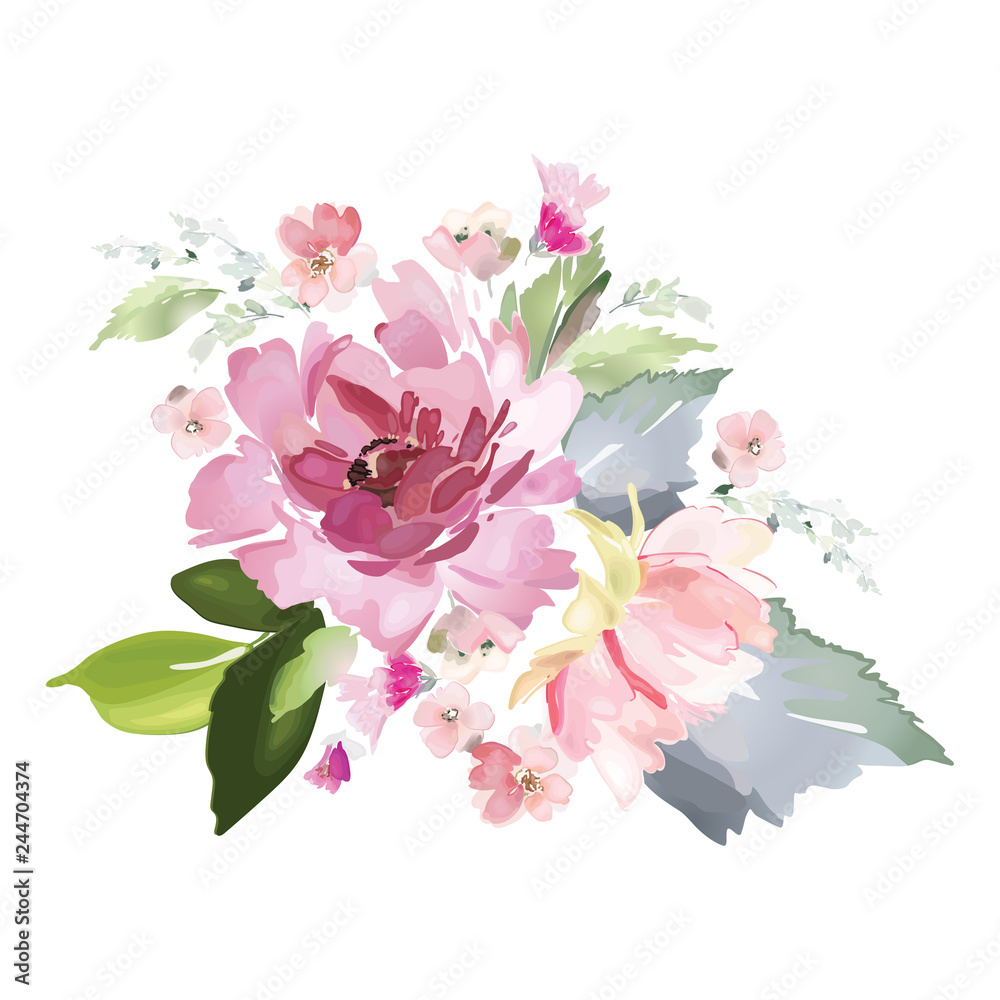 Vector card with floral pattern in watercolor style. Vintage handmade illustration.