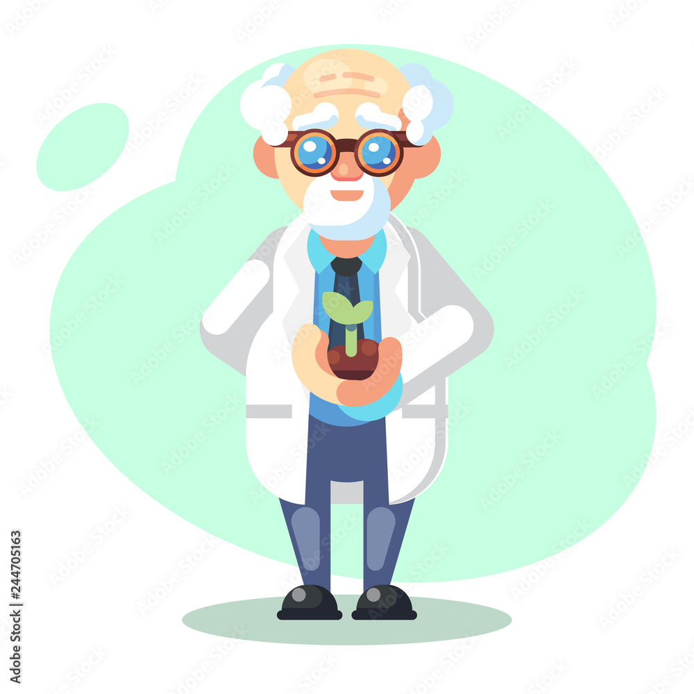 Scientist is conducting a scientific experiment. Biology concept. Growing plants. Funny flat character. Cartoon vector illustration. Mad professor. Person with glasses - Vector Scientist is conducting a scientific experiment. Biology concept. Growing plants. Funny flat character. Cartoon vector illustration. Mad professor. Person with glasses - Vector