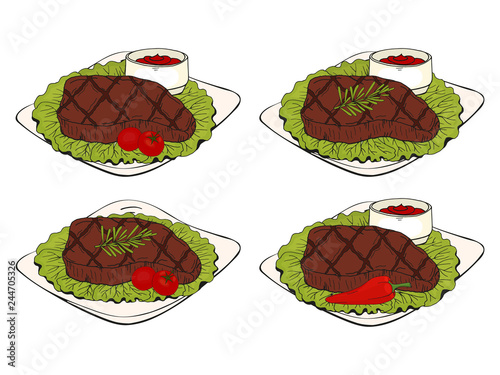 set of  elements, steak on a plate, different design dishes, with lettuce, tomatoes, sauce, chili and rosemary. Hand drawn. Fast food. Can be used for menus, packaging, advertisements. Isolated image.